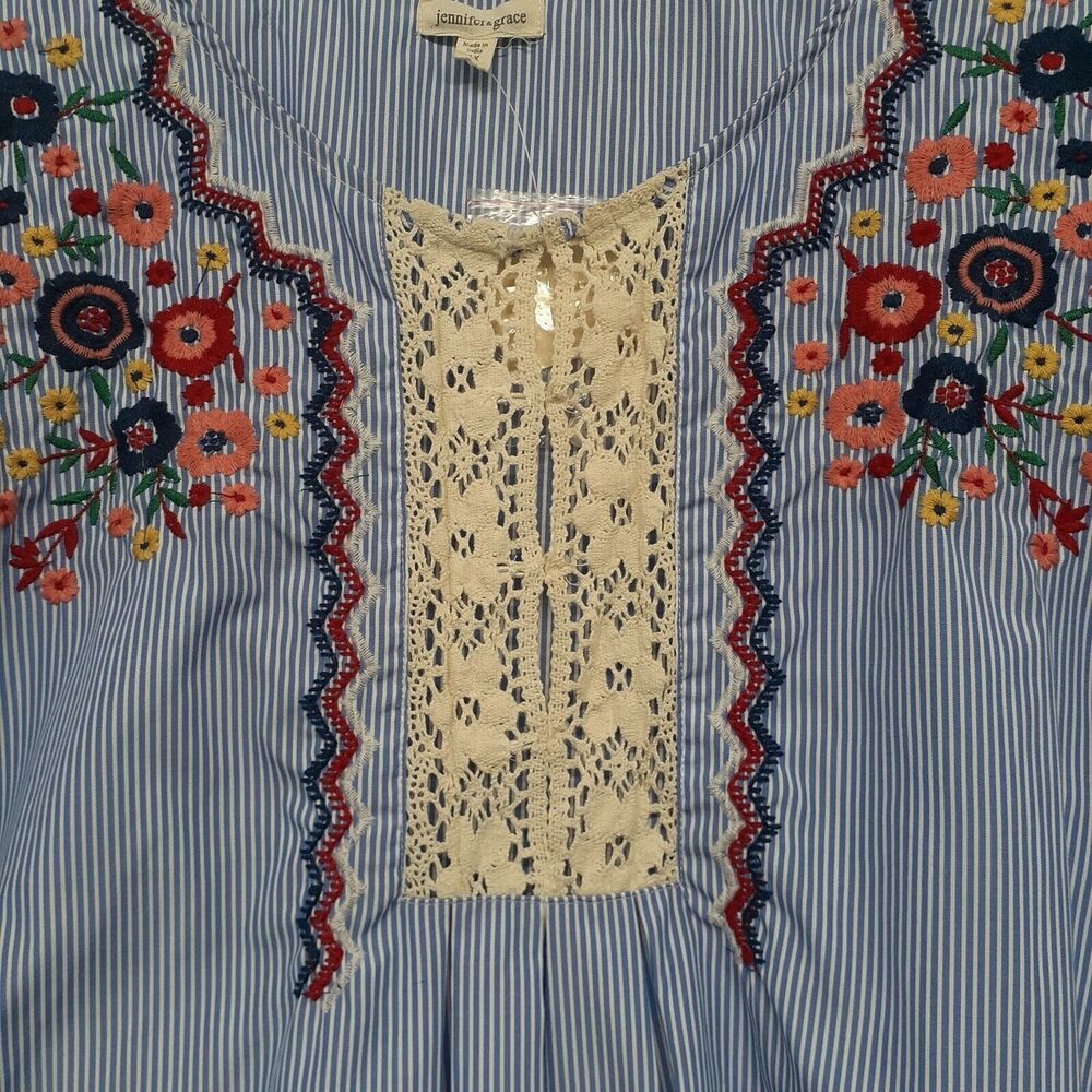 Jennifer & Grace Women Sz 1X Floral Embroidered Blouse Long Sleeve Blue NWT - Picture 2 of 8